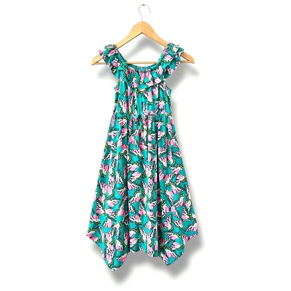 🐞3/$22 Cat & Jack Dress M 7/8 Green Butterfly Ruffle Sleeveless Handkerchief Hem - Picture 1 of 6